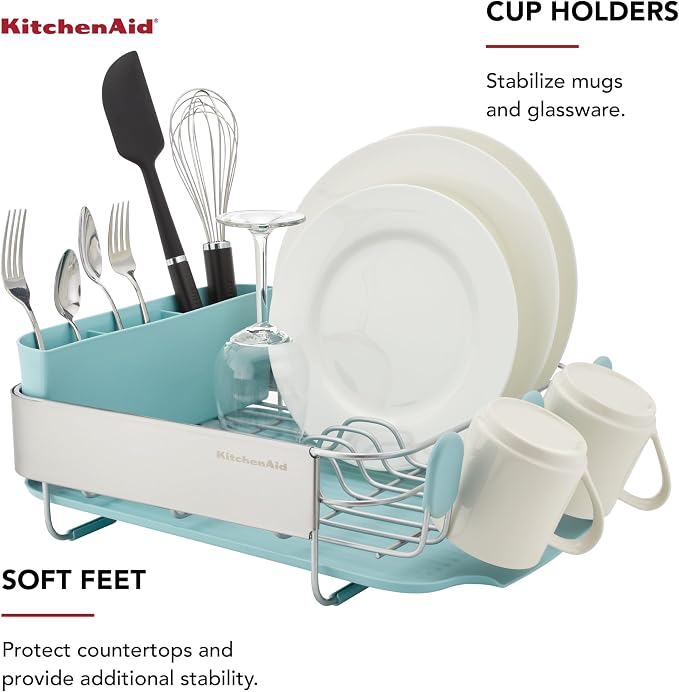 KitchenAid Compact Space Saving Rust Resistant Dish Rack with Removable Flatware Caddy and Angled Self Draining Drainboard, 12.63 x 15.87 x 5.54 Inch, Mineral Water - Image 3