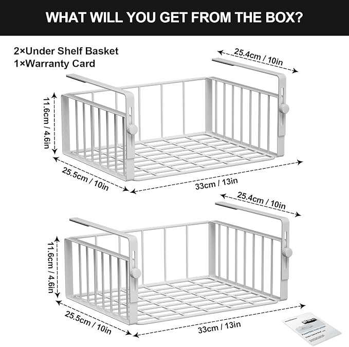 AmonHouseware 2Pack Under Shelf Basket Storage,Adjustable Hanging,White | Under Cabinet Shelf Add-on, Slide-in Baskets,Organizer for Laundry Room Kitchen Pantry Desk Bookshelf Counter Cupboard - Image 6