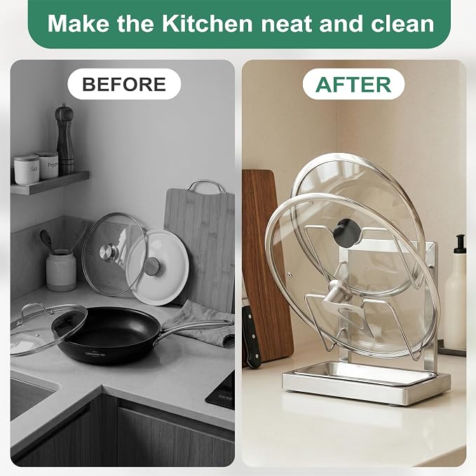 2 in 1 Stainless Pot lid holder & Cutting board holder for Kitchen, 2-Tier | Compact size with detachable drip tray, Kitchen Pot Lids Storage Rack and Organizer for various lid sizes & handles. - Image 7