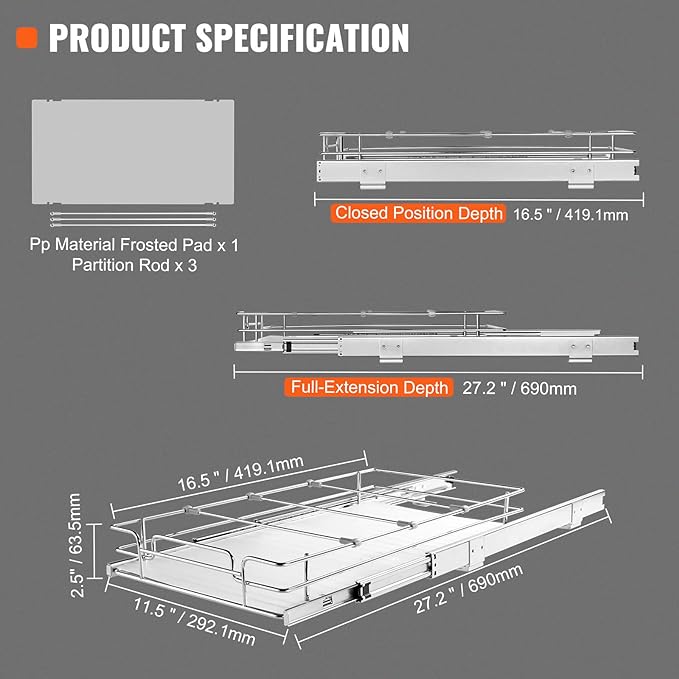 VEVOR 12.5"Wx16.5"Dx3.5"H Pull Out Cabinet Organizer, Heavy Duty Slide Out Pantry Shelves, Chrome-Plated Steel Roll Out Drawers Storage, for Home, Under Sink, 14"Wx17.5"Dx7"H Install Size for Cabinet - Image 7