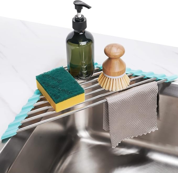 Tomorotec Green Triangle Roll-Up Dish Drying Rack for Sink Corner - Small, Foldable, Stainless Steel, Multipurpose Kitchen Drainer Caddy, Trivet, Rustproof Organizer, Storage Shelf | BPA-Free Food-Grade Silicone Edges Foldable Waterproof Rustproof Heav... by Tomorotec