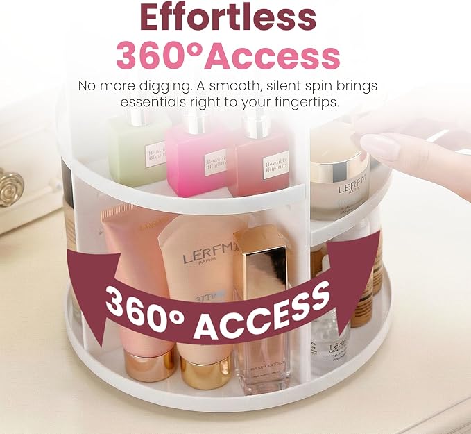 Masirs 360 Rotating Makeup Organizer Countertop, Adjustable Shelf, White | 360-Degree Rotating Makeup Organizer, Adjustable Shelf Height, Cosmetic Perfume Skincare Storage, Vanity Countertop, White - Image 3