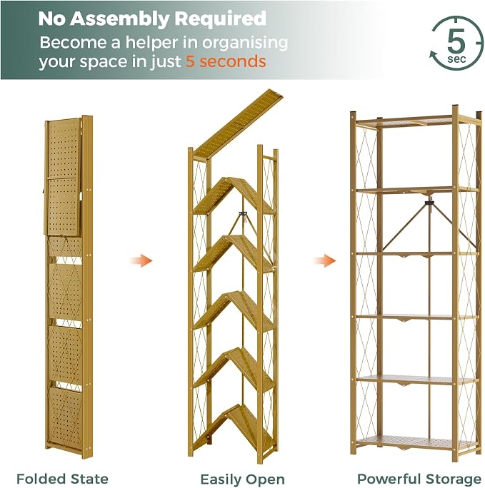 DEANIC 6-Shelf Folding Bookcase with Wheels, Heavy Duty Storage Shelves, Freestanding Metal Wire Shelving Unit for Living Room, Office, Kitchen, Basement, Pantry (Gold 2 Pack) - Image 3