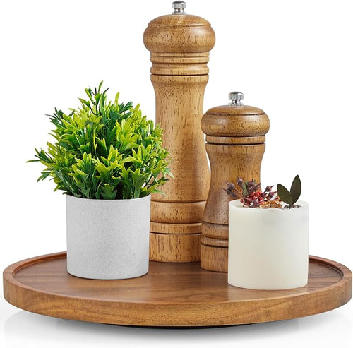 10" Acacia Wood Lazy Susan Turntable Organizer for Cabinet, Round Serving Tray Decorative Tray Vintage Centerpiece Candle Holder Tray, Farmhouse Tray for Kitchen Countertop Coffee Table Decor by Bivvclaz