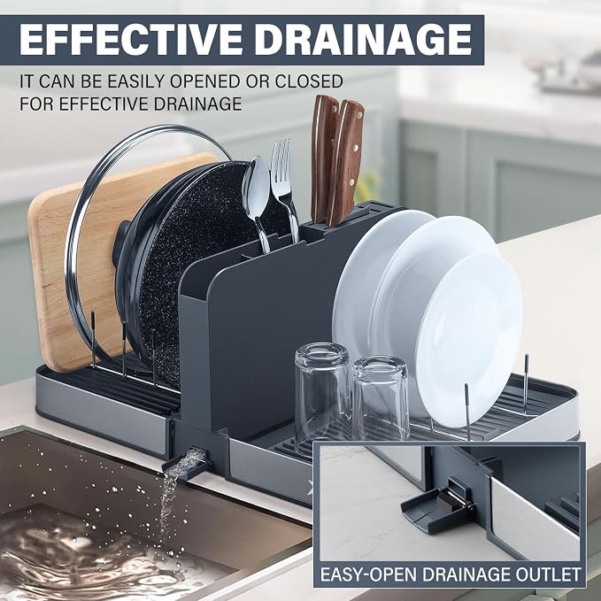 Foldable Dish Drying Rack with Removable Cutlery Holder | Stainless-Steel Dish Rack with Dual Parts, Space-Saving Dish Rack, Rustproof Utensil Drainer for Kitchen Counter, Gray/Steel - Image 4
