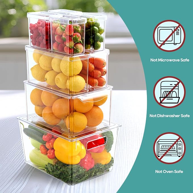 MUCHII 8 Pack Fridge Organizers, Clear Stackable Organizer Bins with Lids | Clear Plastic Stackable with Lids,Pantry Kitchen Organization,Fruit Veggie Produce,Soda Can,Meat Cheese Yogurt,Fridge - Image 2