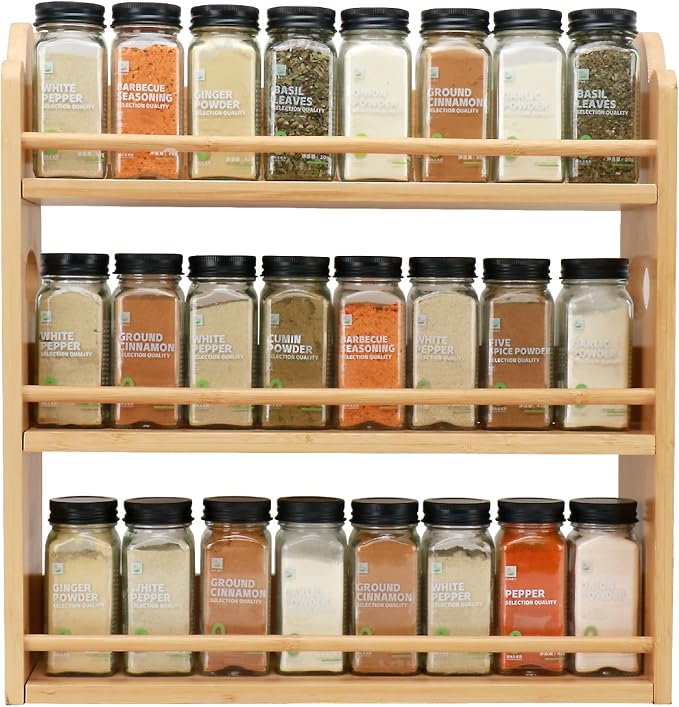 3-Tier Bamboo Spice Rack, Wall Mount & Countertop Spice Organizer | Seasoning Jars Rack Shelf Spice Organizer for Kitchen, Spice Storage Holder with handles, Front and Rear Protective Design by Thalomely