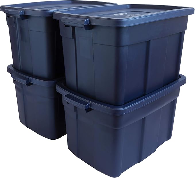 Rubbermaid Roughneck Tote 25 Gal, 4 Pack, Made in USA, Dark Indigo Metallic, Rugged Plastic Stackable Storage Bins with Lids and Handles - Image 2