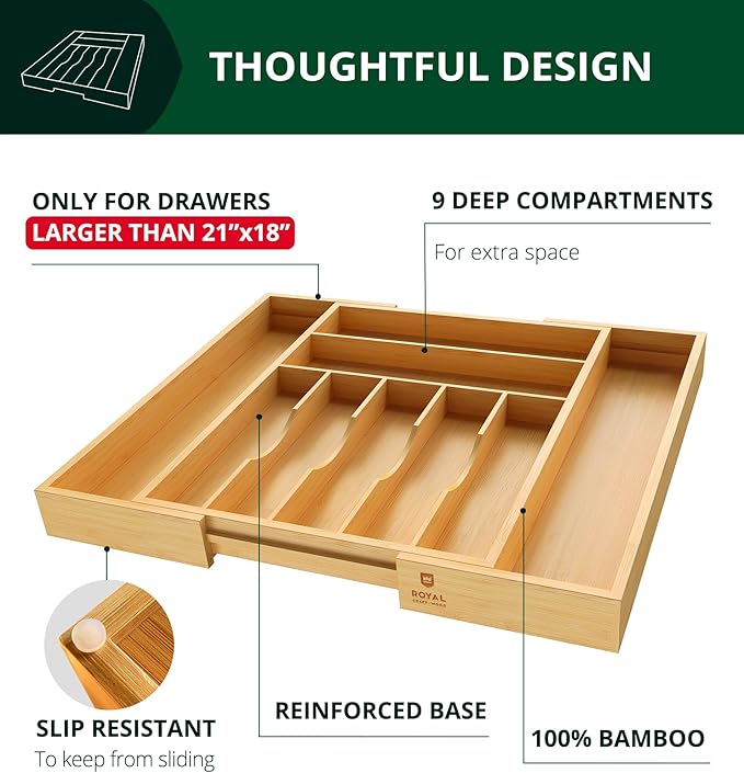 ROYAL CRAFT WOOD Luxury Bamboo Kitchen Drawer Organizer - Silverware Organizer, Utensil Holder & Cutlery Tray Drawer Dividers for Flatware (9 Slot, Natural) - Image 5