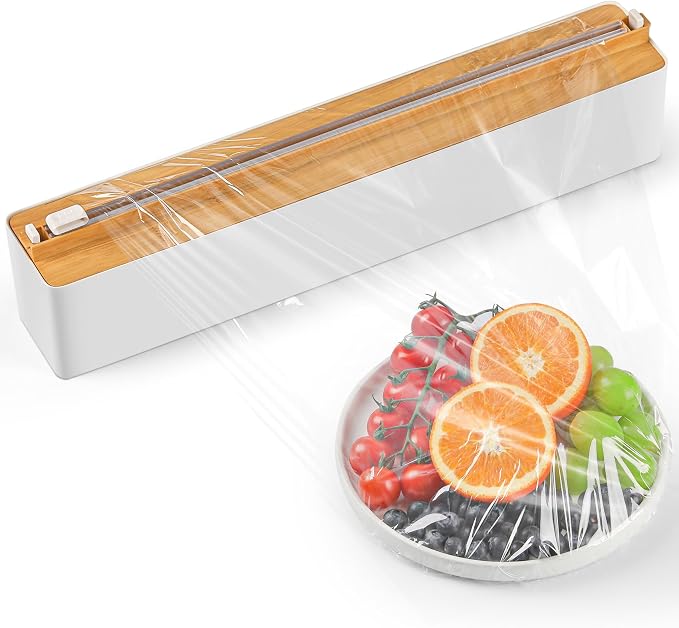 Magnetic Plastic Wrap Dispenser with Cutter - Quasziwa Upgrade Practical Refillable Cling Wrap Aluminum Tin Foil Organizer for Drawer, Include an Extra Roll of 12"X 164' Food Cling Film - Wood Grain by Quasziwa