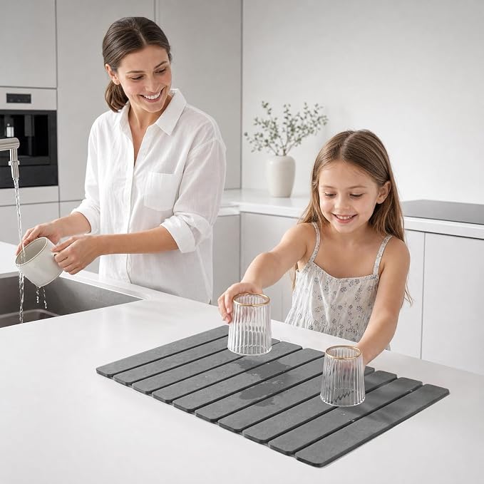 Beslands Large Stone Drying Mat for Kitchen Counter, 24"x16" Diatomaceous Earth Dish Drying Mat with EVA, Quick Dry & Non-Slip Foldable Roll up Stone Mat for Dishes, Bottles, Pots, Sink Dark Gray - Image 8