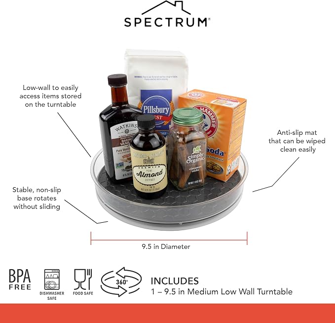 Spectrum Medium Lazy Susan Organizer 9.5 in for Cabinet Refrigerator Pantry Table Rotating Kitchen Storage Spice Rack Fridge Organization, Charcoal Gray Spinning Turntable for Sauces Jams Condiments - Image 6