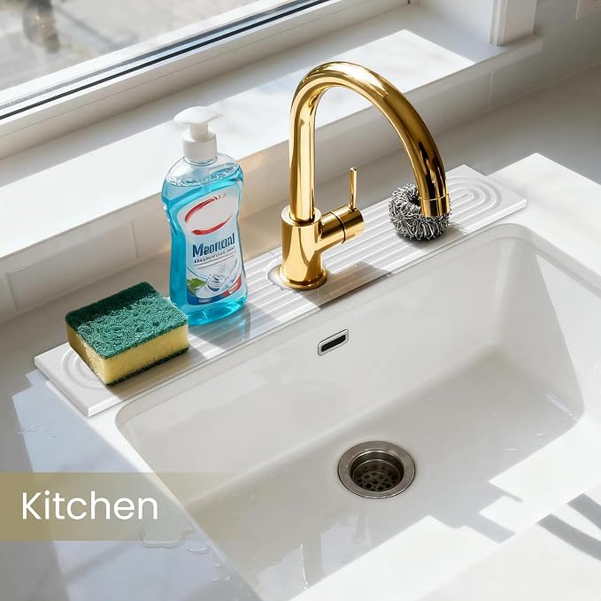 Diatomite Faucet Mat for Kitchen Sink, Quick-Dry Stone-Like Sink Mat, Flat Lay Absorbent Countertop Drying Mat for Faucet Area, Hard Diatomite Mat, White, 23.6 x 4 in - Image 7