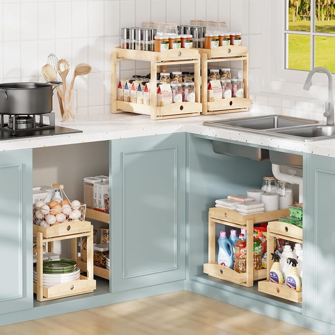2 Pack Bamboo Under Sink Organizer, 2-Tier Pull-Out Drawers, Kitchen & Bath | Pull-out drawers keep cleaners and tall bottles visible, organized and easy to reach in kitchen or bathroom cabinets - Image 3