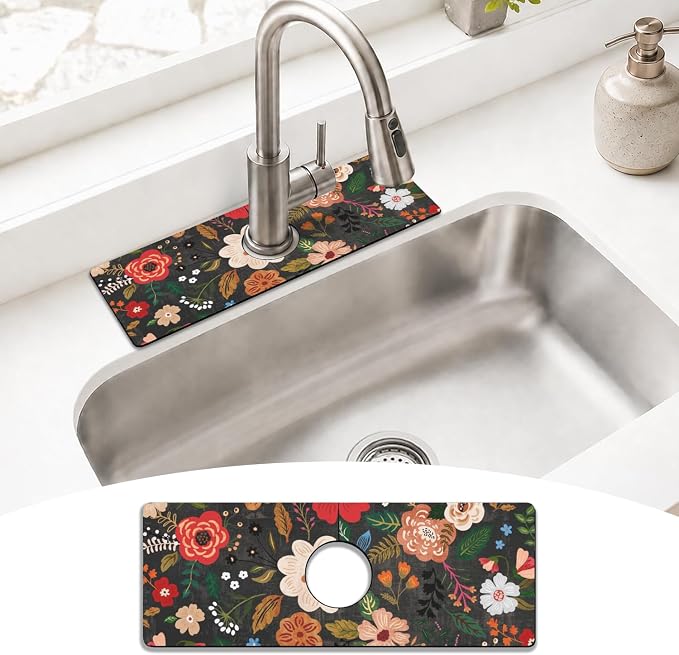 Boho Black Flowers Kitchen Sink Splash Guard Faucet Mat,Faucet Non-Slip Absorbent Mat,Farmhouse Sink Splash Guard Behind Faucet for Kitchen Bathroom, 15"x5.5" by puwbnhj