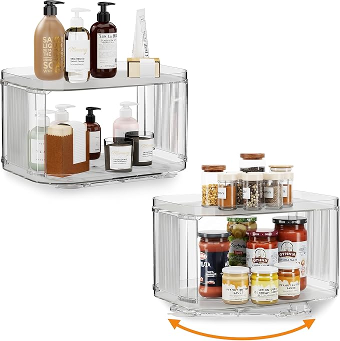 Lazy Susan Organizer for Cabinet, Pantry, Countertop (2 Tier 14" x 10" Clear - 2 Pack, Rectangular) by FIRJOY