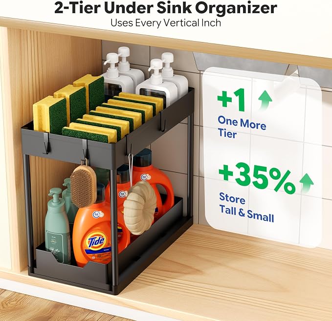 Ekisemio 2 Pack 2-Tier Under Sink Organizers with Sliding Drawer, Black | 2 Pack 2-Tier Under Sink Organizers | Sliding Drawer | Sturdy Metal Frame | Tool-Free Assembly | Space Saving | Black - Image 3