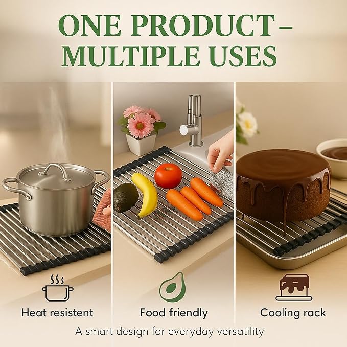 Over Sink Dish Dryng Rack - Roll Up Stainless Stell & Silicone Drying mat, Heat Resistant, Non-Slip & Foldable, Space Saving Kitchen Organizer (17.3"x 15.7")(Black) - Image 5