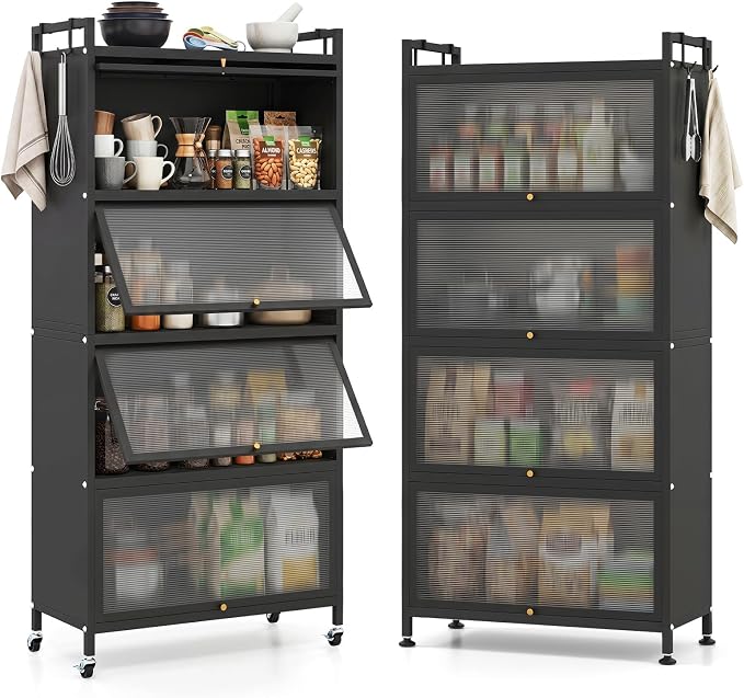 GIANTEX 5-Tier Kitchen Storage Cabinet, 4 PC Doors, Rolling Wheels (Black) | Mobile Metal Pantry Cabinet with 4 Hooks & Adjustable Feet, 60" Baker's Rack Microwave Stand for Dining & Living Room by Giantex