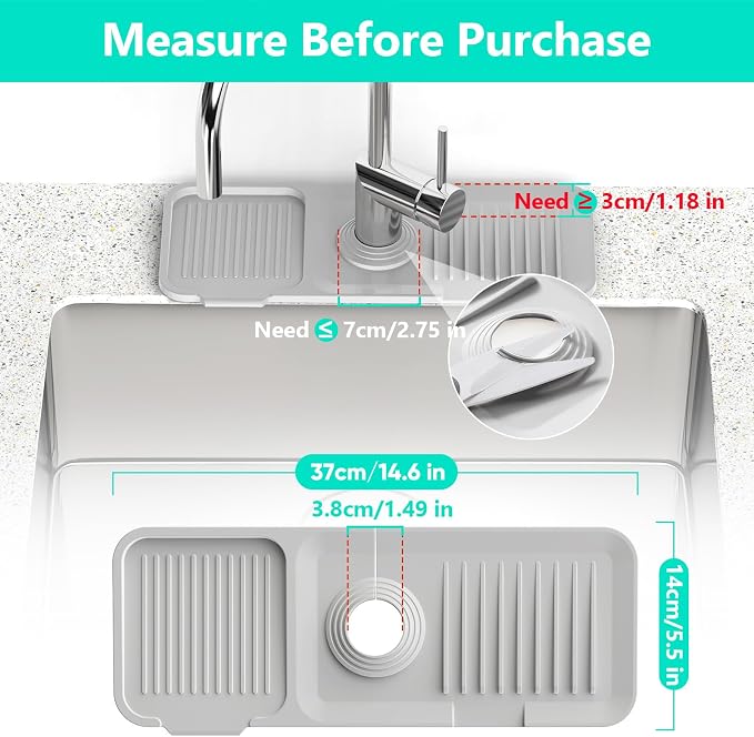14.6'' Faucet Mat for Kitchen Sink [5°Slope Fast Self-draining] Kitchen Sink Splash Guard Silicone Kitchen Sink Faucet Mat Splash Guard for Kitchen Sink Area Faucet Guard Draining Mat Light Gray - Image 3