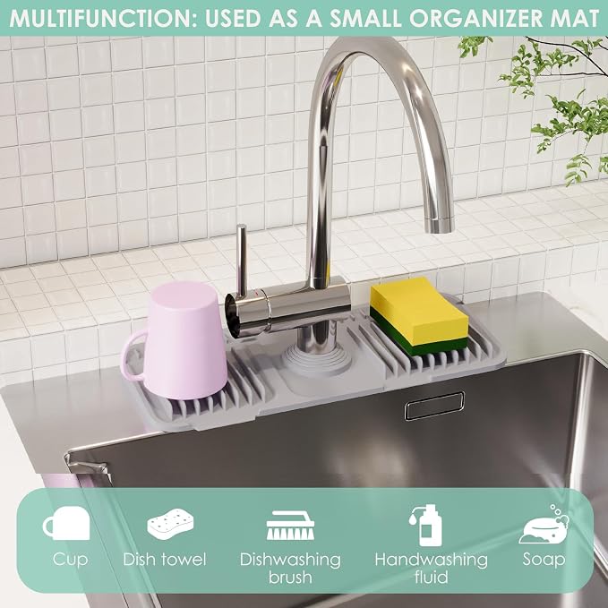 14.6-Inch Silicone Faucet Mat for Kitchen Sink Splash Guard, 7° Slope | 14.6"x5.5" water draining mat with fasten button; 1.6-2.75" customizable hole for bathroom, RV & kitchen sink drip catcher. - Image 7