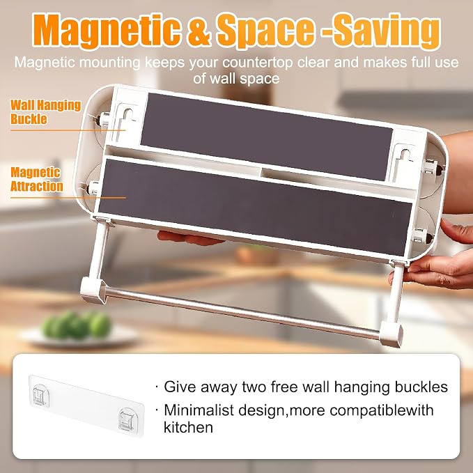 3 in 1 Plastic Wrap Dispenser with Cutter,Wooden Aluminum Foil Organizer | Magnetic Holder with Kitchen Towel Holder, Wall Mount Kitchen Wrap Dispenser for Pantry and Kitchen Cabinet - Image 3