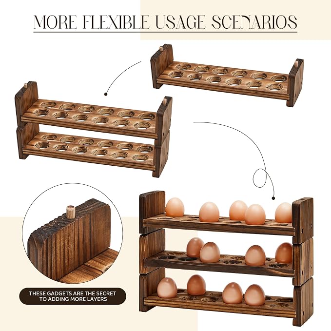 Wooden Egg Holder for Countertop 3 Layer Rack for 36 Eggs Stackable Storage Tray Organizer Rustic Home Kitchen & Country Decor Uneven Color Crafts, Need to Assemble - Image 5