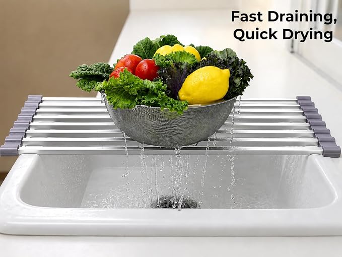 Large Aluminum Roll Up Dish Drying Rack 20.5" x 13" with Dish Holder | Square aluminum bars, Available in 3 sizes & 2 colors, Rolls up for easy storage, Removable dish holder, Heat resistant - Image 5