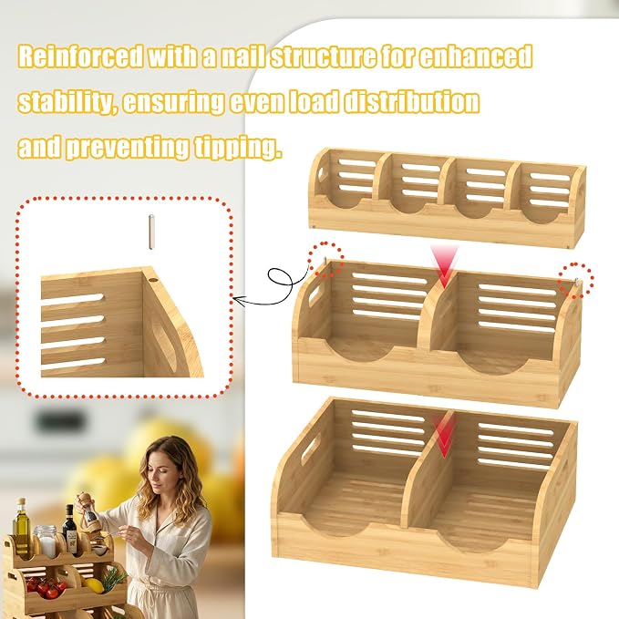 Potato and Onion Storage Bin, Made of bamboo, With 2 banana hooks | With 2 Banana Hangers,Stackable Potato and Onion Storage Bin with Airflow Vent,Vegetable Storage,for Kitchen Countertop - Image 3