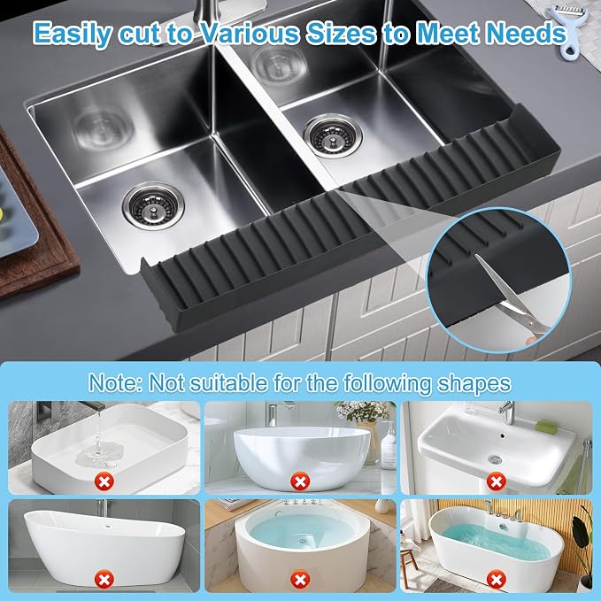 Silicone Faucet Splash Guard 4" x 30", Faucet Water Catcher Mat, Longer Silicone Sink Mat for Kitchen, Bathroom, Laundry Room, Farmhouse for Quartz Kitchen Sink（Black） - Image 3