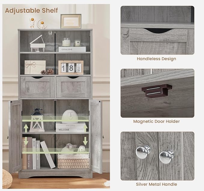 Iwell Storage Cabinet with 2 Drawers & Adjustable Shelf, Tall Bathroom Cabinet with Doors, Cupboard, Kitchen Cabinets for Living Room, Dining Room, Entryway, Grey - Image 8