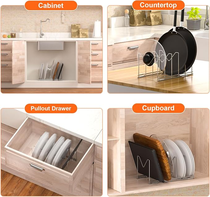 HzTinT 3 Pack Pot Lid Organizer, Holds 15 Lids, Plate & Cutting Board Rack | with Stainless Steel Build and Anti-Slip Pads, Lid Organizer for Cabinets, Drawers and Countertops, Silver - Image 6