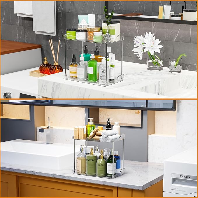 Clear Acrylic Bathroom Counter Organizers and Storage Tray, 2 Tier Makeup,Perfume,Skincare Organizer Shelf & Vanity Storage for Bedroom and Counter Top Spice Racks for Kitchen Corner,Rectangle - Image 3