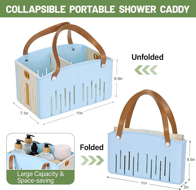 Portable Shower Caddy Collapsible Plastic Shower Basket Tote with Handles Removable Divider, Cleaning Caddy Storage Organizer for Bathroom College Dorm (Blue) - Image 2