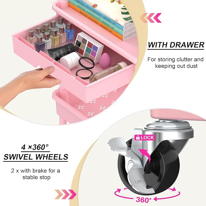 Goovilla 3 Tier Rolling Utility Cart Organizer with Removable Drawer, Pink | Stable and Sturdy Rolling Storage Carts with 2 Lockable Wheels for Bathroom, Kitchen, Snack, Craft, Makeup, Baby Essentials - Image 2