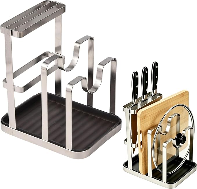 BEEFLYING Pot Lid Cutting Board Holder Organizer for Counterto with Tray | Holds 2 Pot Lids, 7.09*5.5*7.48 In, Stainless Steel, for Holder Spoon Cooking Knives Cutting Board Stove Top Kitchen Counter by BEEFLYING