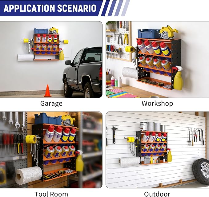 Wall Mount Spray Can Holder, Aerosol Spray Bottle Holder Storage Rack, Heavy-Duty Paint Bottle Organizer with 8 Can Holes & 4 Steel Hooks, 4 Plastic Hooks for Garage, Shop, Home or Tool Trailer - Image 8