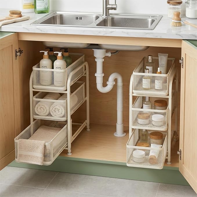 3 Tier Under Sink Organizer, Pull Out Cabinet Storage Organizer with Sliding Mesh Drawers, Heavy Duty Metal Under Sink Storage for Kitchen, Bathroom, Cabinet, Small Space, White, 1 Pack - Image 3