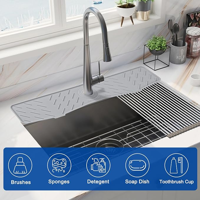 Faucet Mat for Kitchen Sink – 24” x 5.1” Extra-Long Silicone Splash Guard with 10° Slope & Upgraded Drainage – Gen 3 Sink Water Catcher & Sponge Holder for Kitchen, Bathroom (Gray) - Image 5