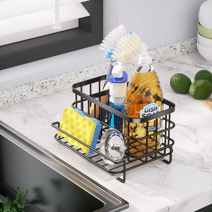 HapiRm Kitchen Sink Organizer, SUS304 Stainless Steel Rustproof Multifunctional Sink Caddy with Sponge Holder and Drain Tray for Kitchen Countertop (Black) - Image 6