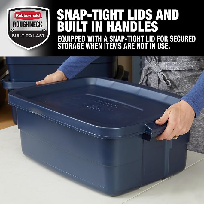 Rubbermaid Roughneck Tote 10 Gal, 8 Pack, Made in USA, Dark Indigo Metallic, Rugged Plastic Stackable Storage Bins with Lids and Handles - Image 3
