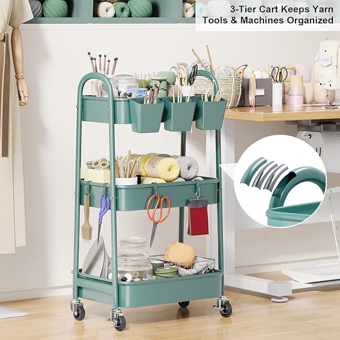 3 Tier Green Metal Rolling Cart with Lockable Wheels and Handle, 3 Tiered | Utility Storage Organizer Carts for Teacher, Arts, Craft, Snack, Book, Bedside, Nursery, Cleaning Supplies,Dorm,Easy Assembly - Image 2