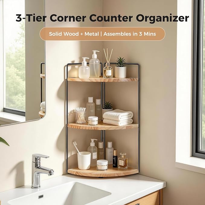 3 Tier Corner Bathroom Counter Organizer – Solid Wood + Metal Stand, Bathroom Countertop Organizer for Skincare, Makeup & Vanity, Space-Saving Rustic Storage for Sink, Kitchen & Bathroom - Image 2