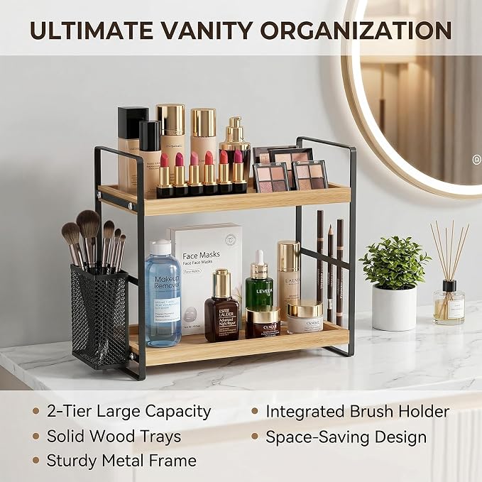 2-Tier Wood Bathroom Counter Organizer with Basket,Waterproof Vanity Perfume Skincare Storage for Bathroom, Kitchen, Dresser - Image 3