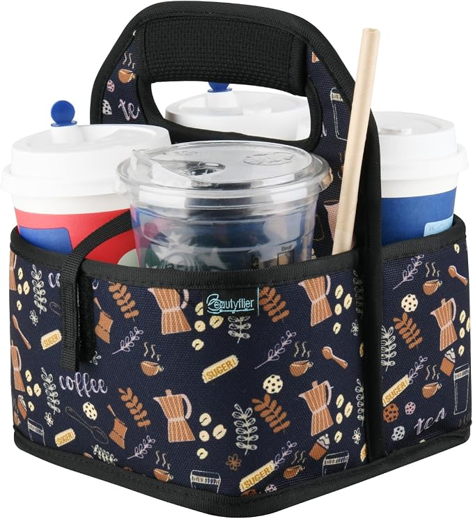 Beautyflier Reusable Insulated Coffee Cup Carrier, Portable Drink Holder with Handle Organizer Tote Bag for Hot & Cold Drinks (Coffee Utensils) by Beautyflier
