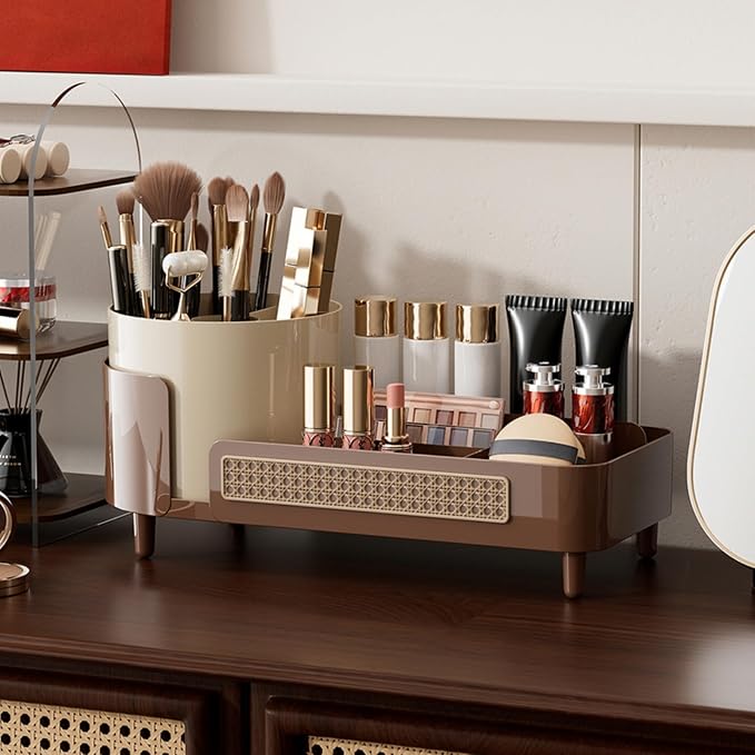 Booklov Rotating Makeup Organizer for Vanity Countertop, Coffee | Plastic Cosmetic Display Case, Large Beauty Brush Holder for Bathroom Counter, Skin Care Perfumes Storage - Image 3