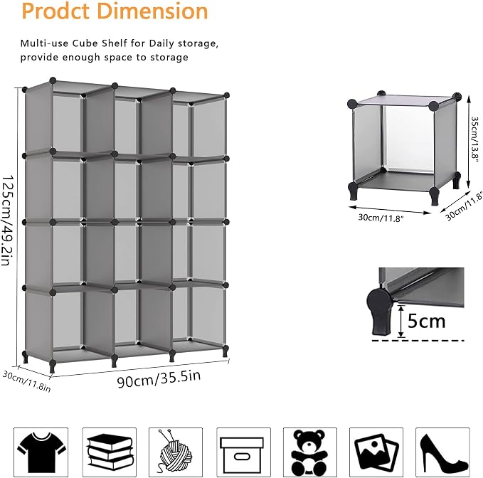 AWTATOS 12 Cube Storage Organizer, Closet Organizer Storage Shelves, Grey | Portable Closet Organizers, DIY Stackable Storage Cubes Shelves Bookshelf, Plastic Clothes Shelving for Home, Bedroom - Image 3