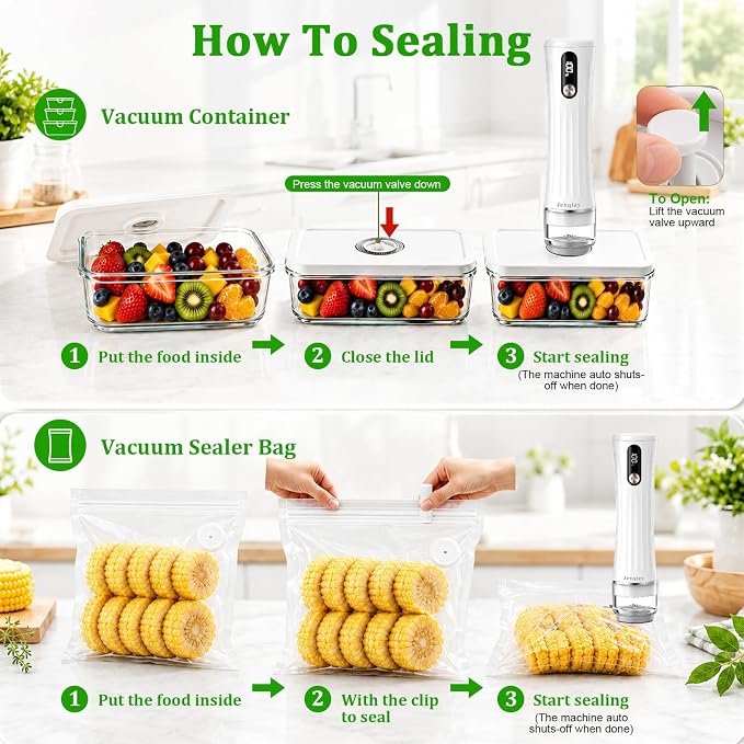 Compact Vacuum Sealer for Food, 80kPa Food Sealer with LED Display | 2000mAh Vacuum Sealer Machine+3Glass Containers+30 Bags, Handheld Vacuum Sealer,Cordless&Portable for Meal Prep, Food Storage - Image 5