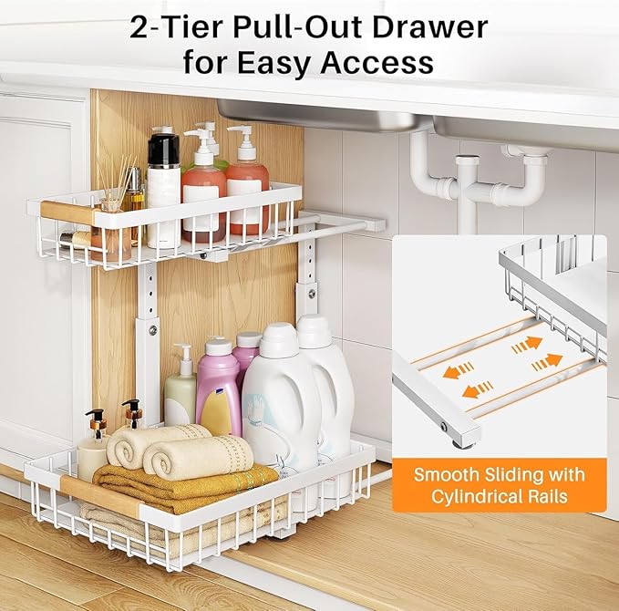PXRACK Under Sink Organizer, Adjustable Height, 2 Tier Pull Out Under Cabinet Organizer, Slide Out Thickened Metal Under Sink Storage for Kitchen Bathroom Laundry Pantry Cabinet, White, Small-1-Pack - Image 3