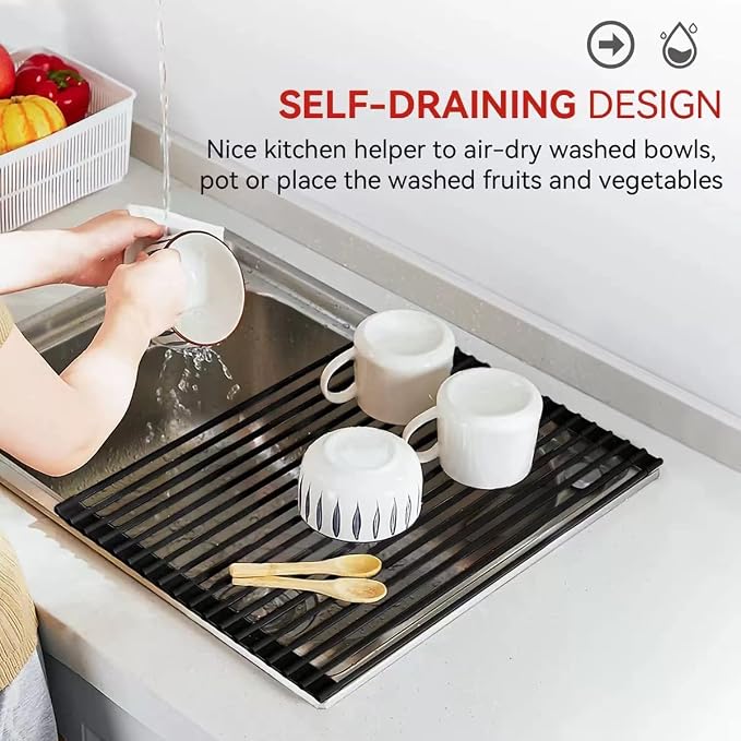 MERRYBOX Roll Up Dish Drying Rack Silicone Wrapped Over The Sink Dish Drying Rack Multipurpose Foldable Sink Drying Mat Anti-Slip & Anti-Rust Dish Rack for Kitchen, 17.5" x 13", Black - Image 8